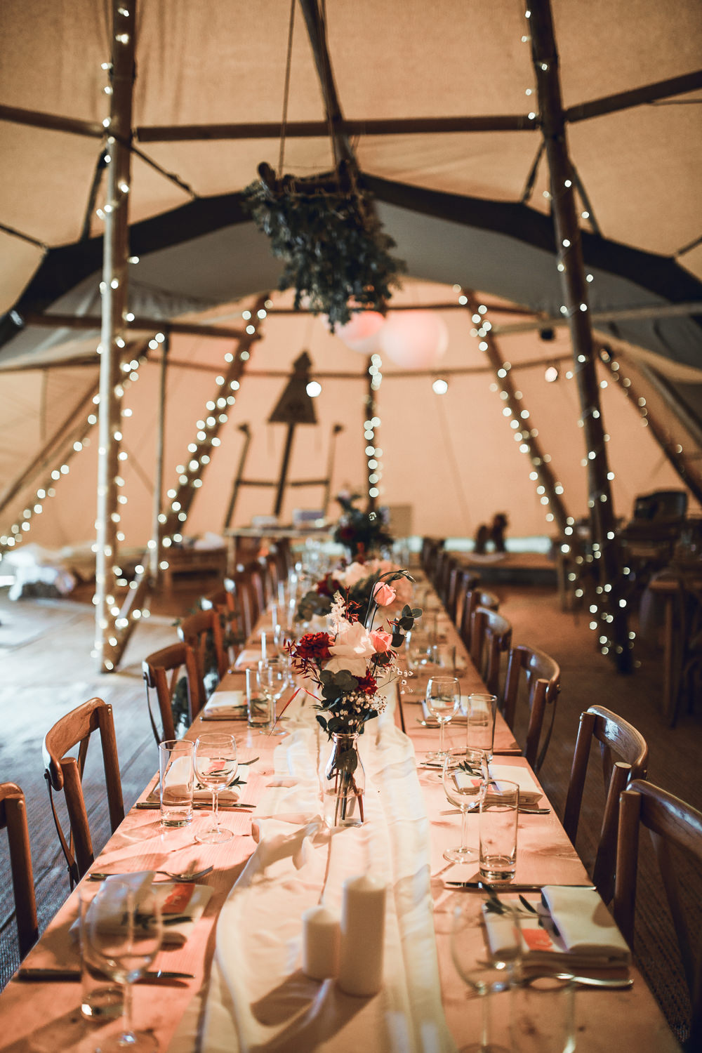 Flowers Tables Fairy Lights Decor Tipi Garden Wedding Amy Jordison Photography