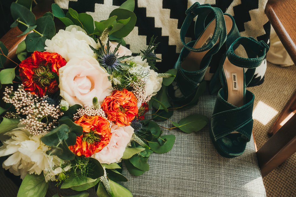 Bouquet Flowers Bride Bridl Blush Orange Foliage Greenery Rose Thistle Peony Victoria Warehouse Wedding Manchester Kate McCarthy Photography