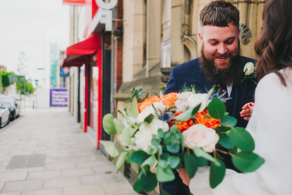 Bouquet Flowers Bride Bridl Blush Orange Foliage Greenery Rose Thistle Peony Victoria Warehouse Wedding Manchester Kate McCarthy Photography