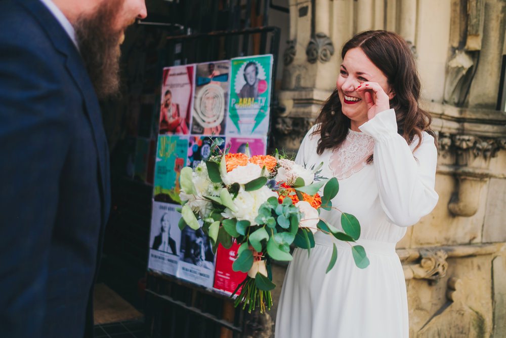 Dress Gown Bride Bridal Sleeves Long Vintage 1970s Victoria Warehouse Wedding Manchester Kate McCarthy Photography