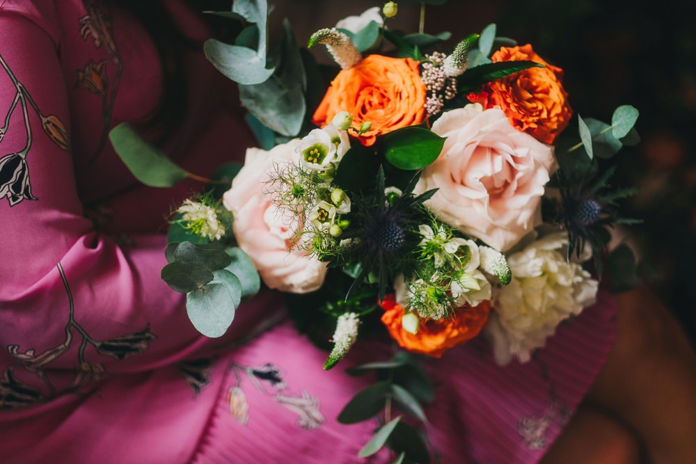 Bouquet Flowers Bride Bridl Blush Orange Foliage Greenery Rose Thistle Peony Victoria Warehouse Wedding Manchester Kate McCarthy Photography