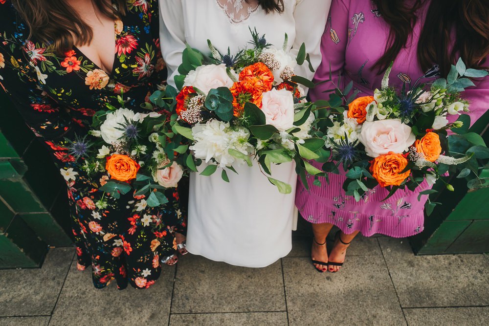 Bouquet Flowers Bride Bridl Blush Orange Foliage Greenery Rose Thistle Peony Bridesmaids Victoria Warehouse Wedding Manchester Kate McCarthy Photography