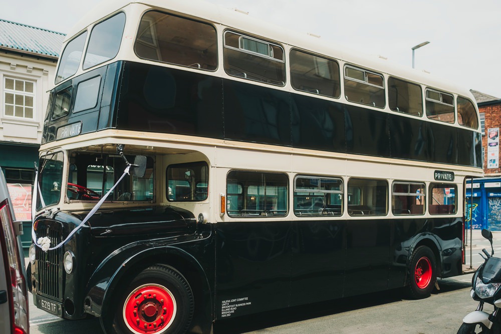 Vintage Double Decker Bus Transport Victoria Warehouse Wedding Manchester Kate McCarthy Photography