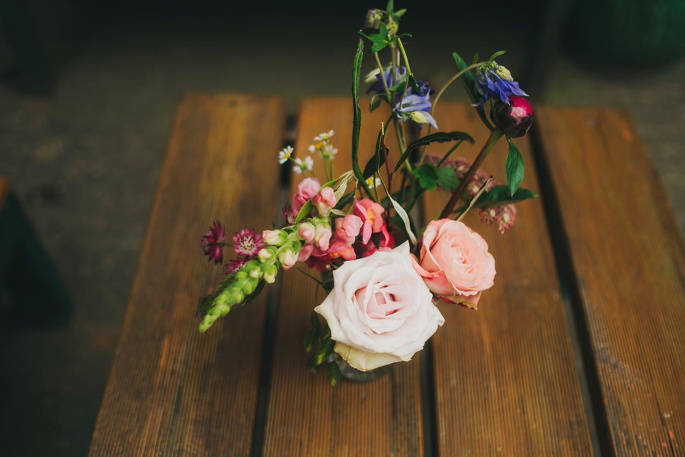 Bottle Flowers Foliage Greenery Rose Thistle Peony Victoria Warehouse Wedding Manchester Kate McCarthy Photography