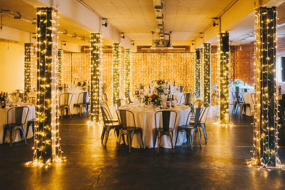 Fairy Lights Decor Metal Chairs Industrial Victoria Warehouse Wedding Manchester Kate McCarthy Photography