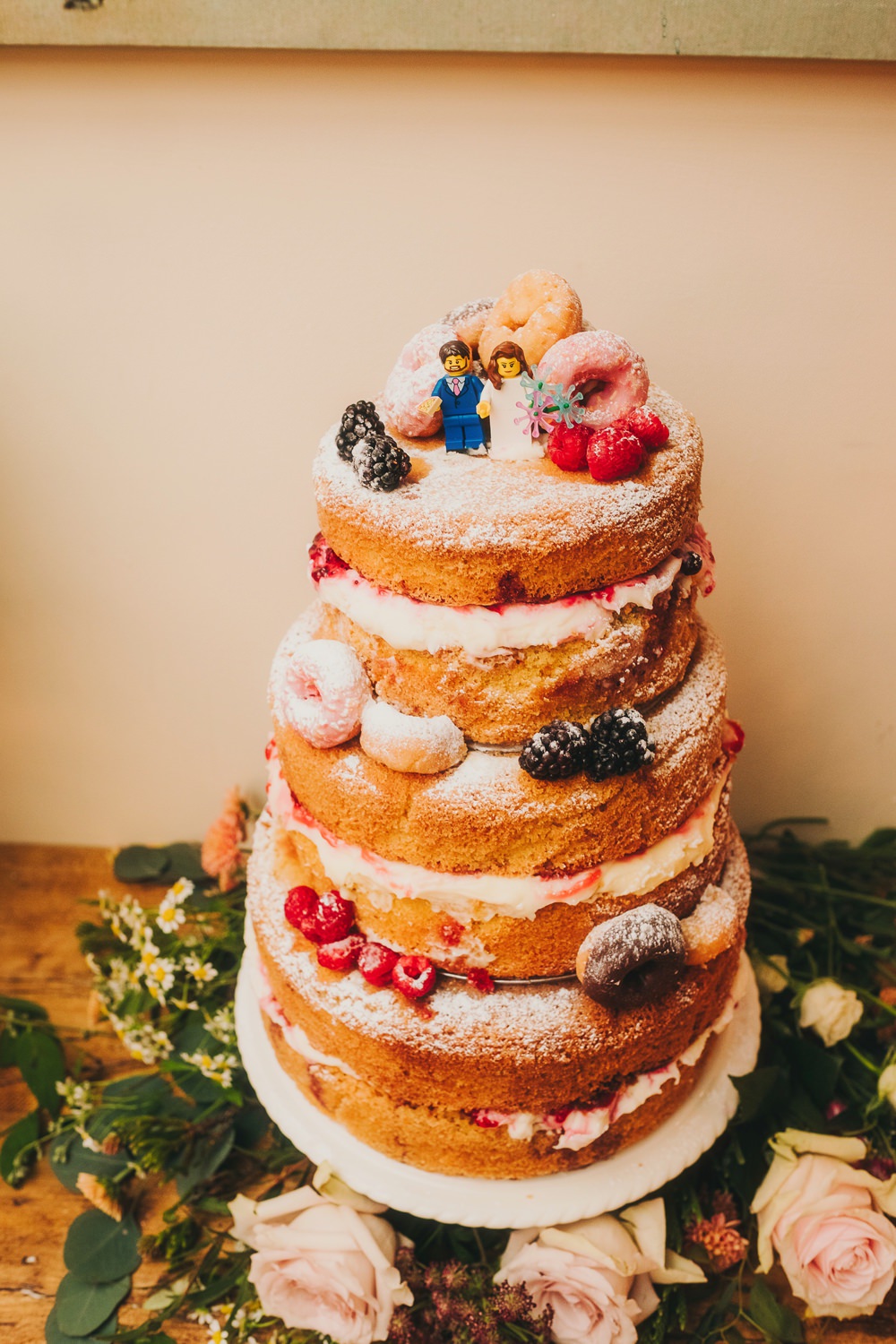 Cake Naked Sponge Donuts Lego Toppers Victoria Warehouse Wedding Manchester Kate McCarthy Photography