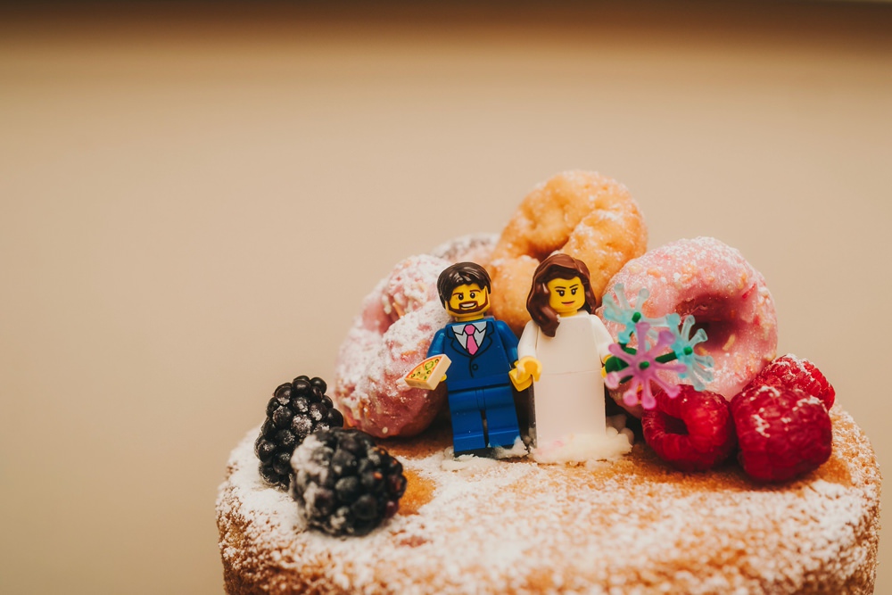 Cake Naked Sponge Donuts Lego Toppers Victoria Warehouse Wedding Manchester Kate McCarthy Photography