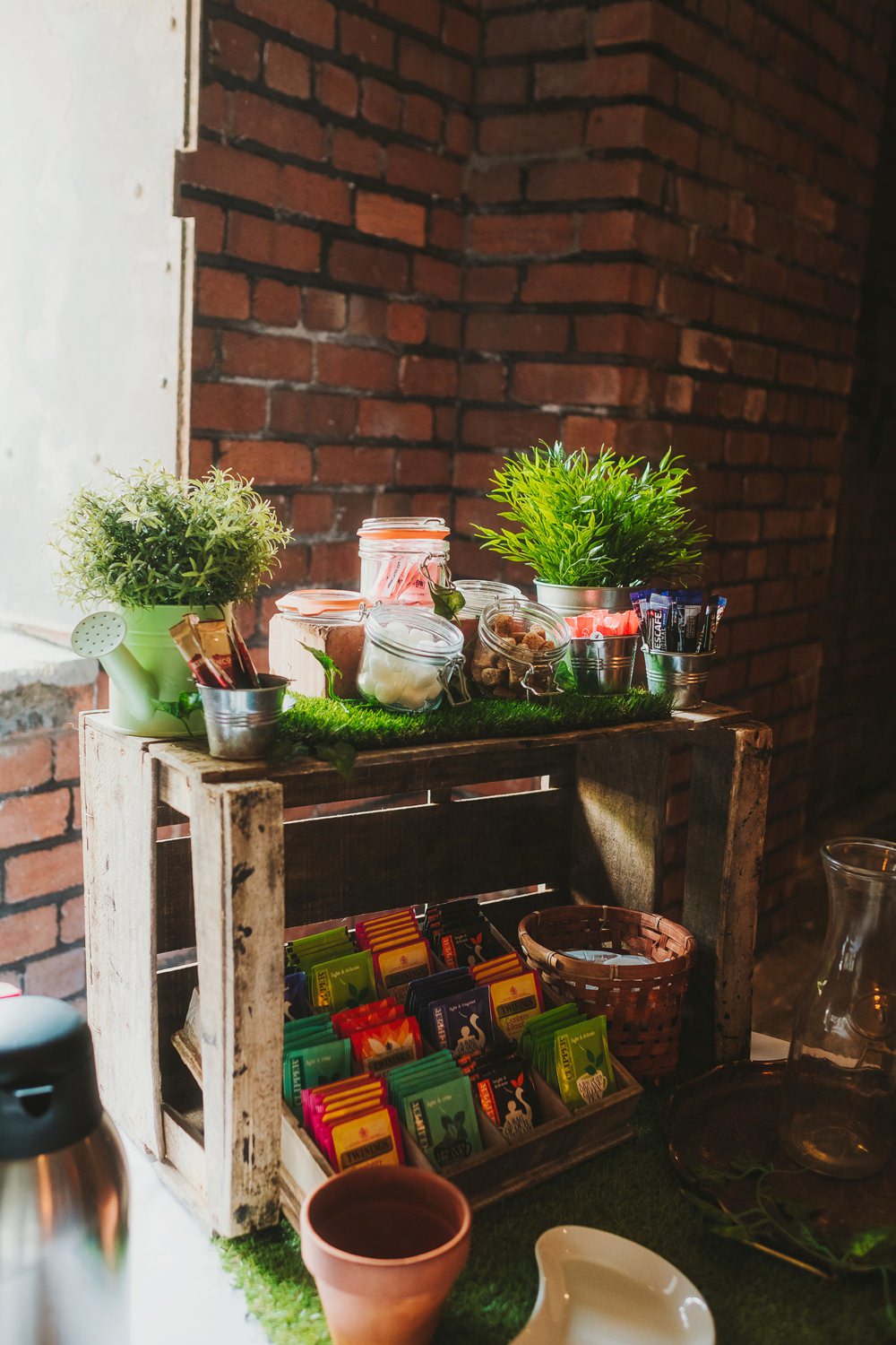 Tea Coffee Station Bar Crates Wooden Victoria Warehouse Wedding Manchester Kate McCarthy Photography