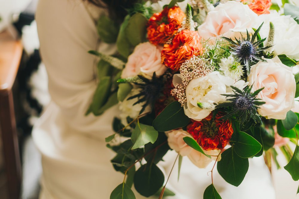 Bouquet Flowers Bride Bridl Blush Orange Foliage Greenery Rose Thistle Peony Victoria Warehouse Wedding Manchester Kate McCarthy Photography