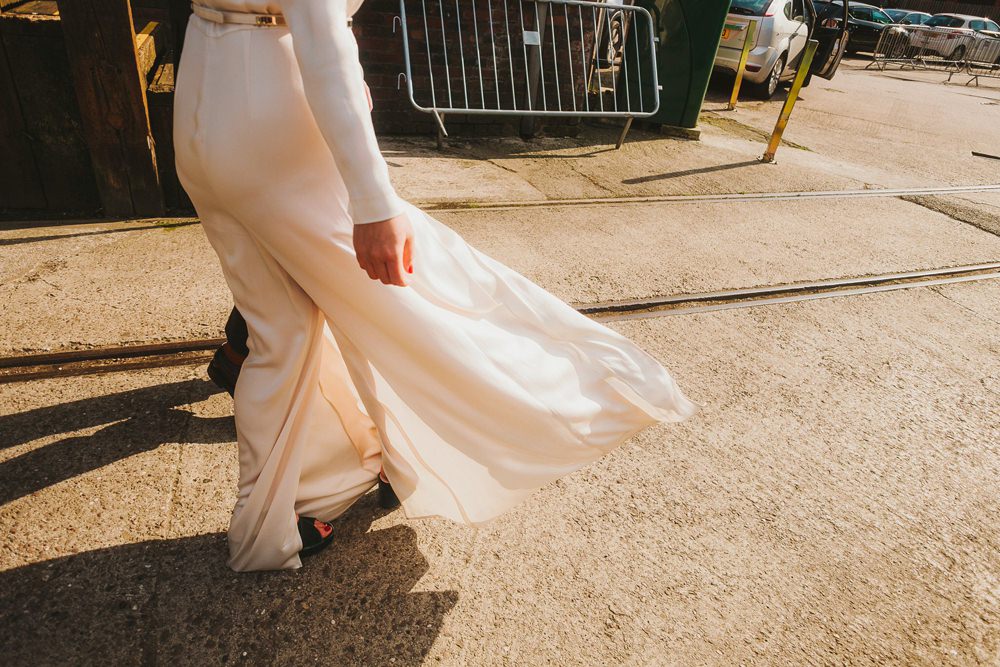 Dress Gown Bride Bridal Sleeves Long Vintage 1970s Victoria Warehouse Wedding Manchester Kate McCarthy Photography
