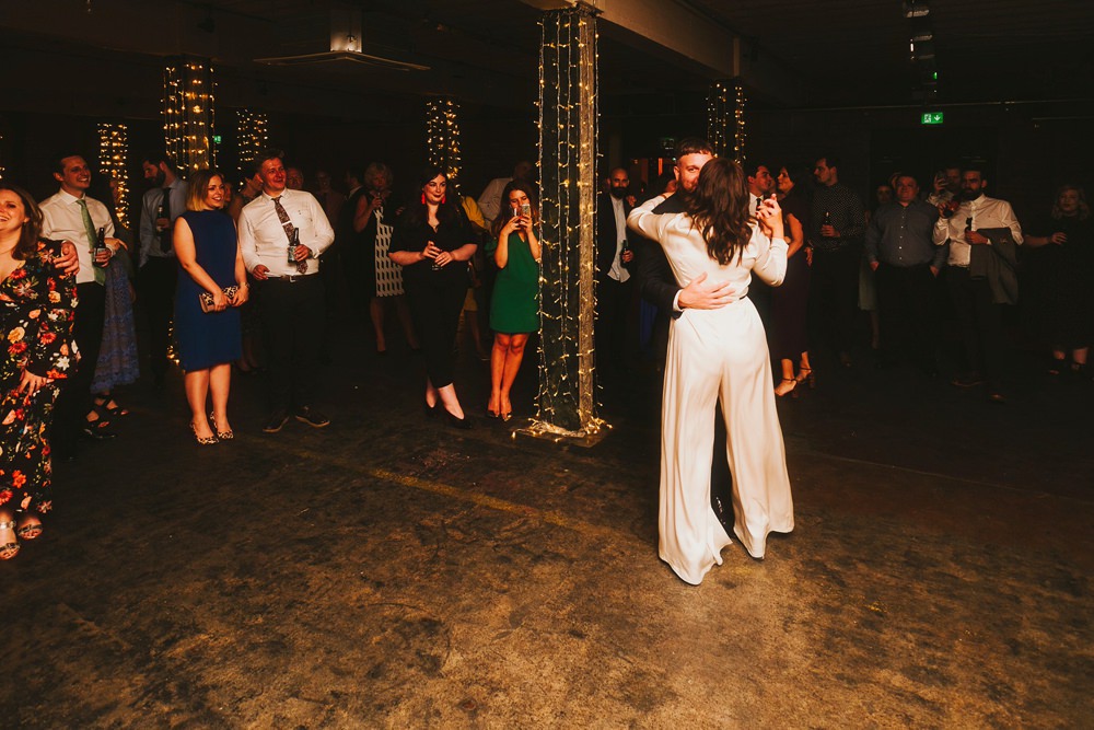 Jumpsuit Bride Bridal Sleeves Long Victoria Warehouse Wedding Manchester Kate McCarthy Photography