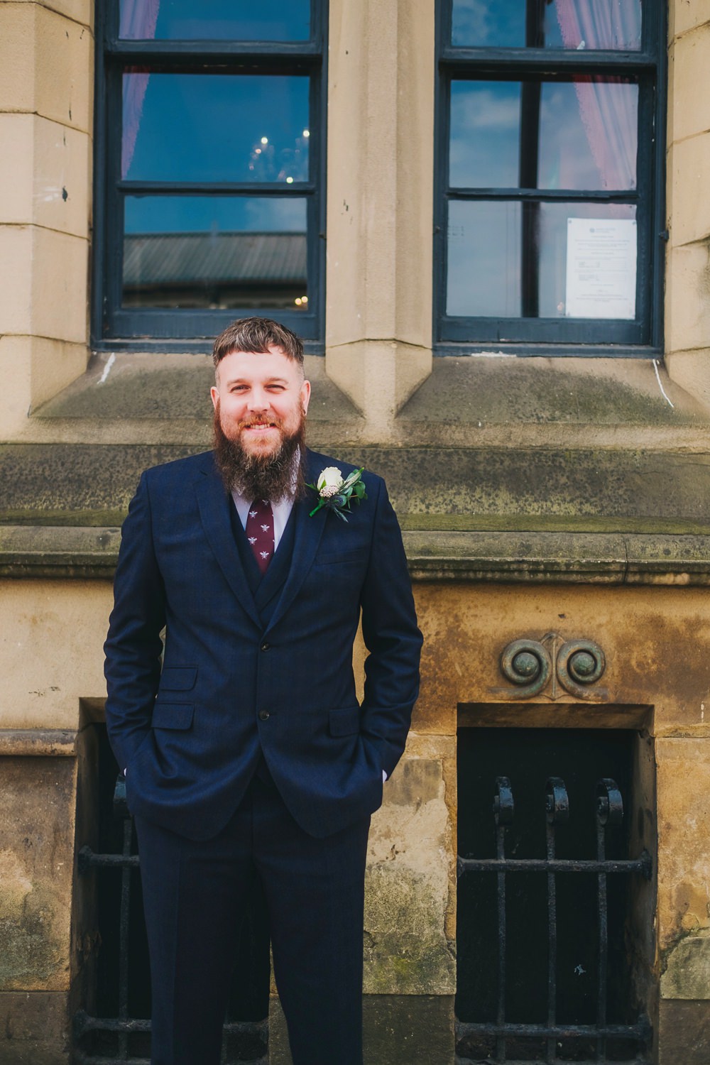 Groom Suit Navy Blue Check Bee Tie Burgundy Victoria Warehouse Wedding Manchester Kate McCarthy Photography