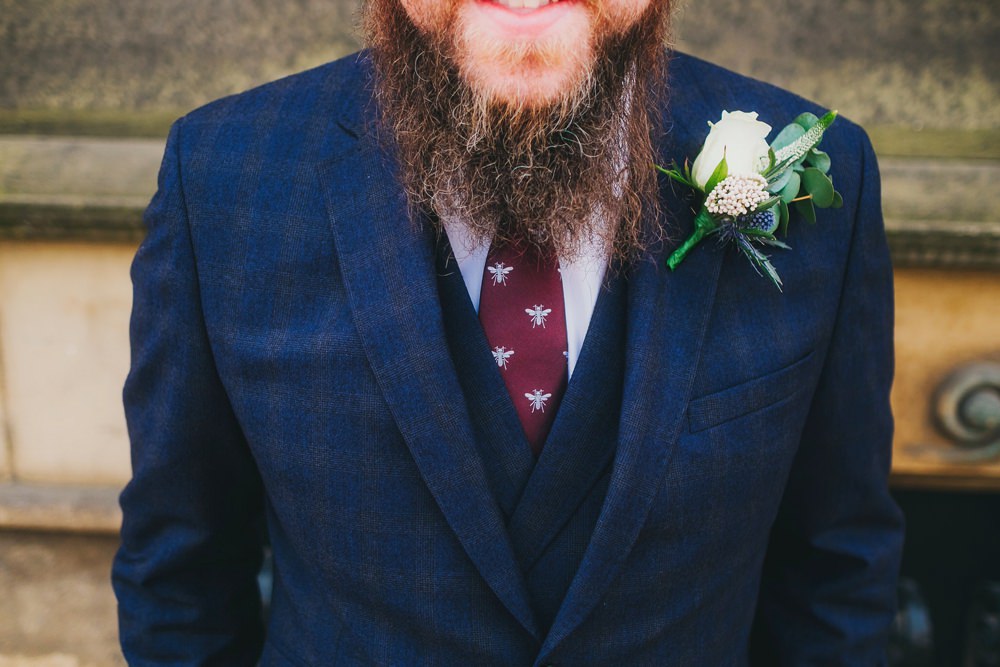 Groom Suit Navy Blue Check Bee Tie Burgundy Victoria Warehouse Wedding Manchester Kate McCarthy Photography