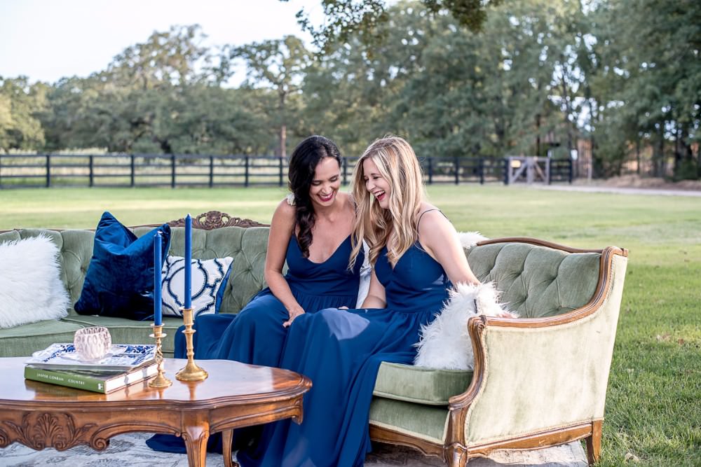 Seating Area Vintage Furniture Blue Bridesmaids Full Length Maxi Dress Candle Candlestick Occasional White Sparrow Barn Wedding White Blue Ideas Si Creative Photography