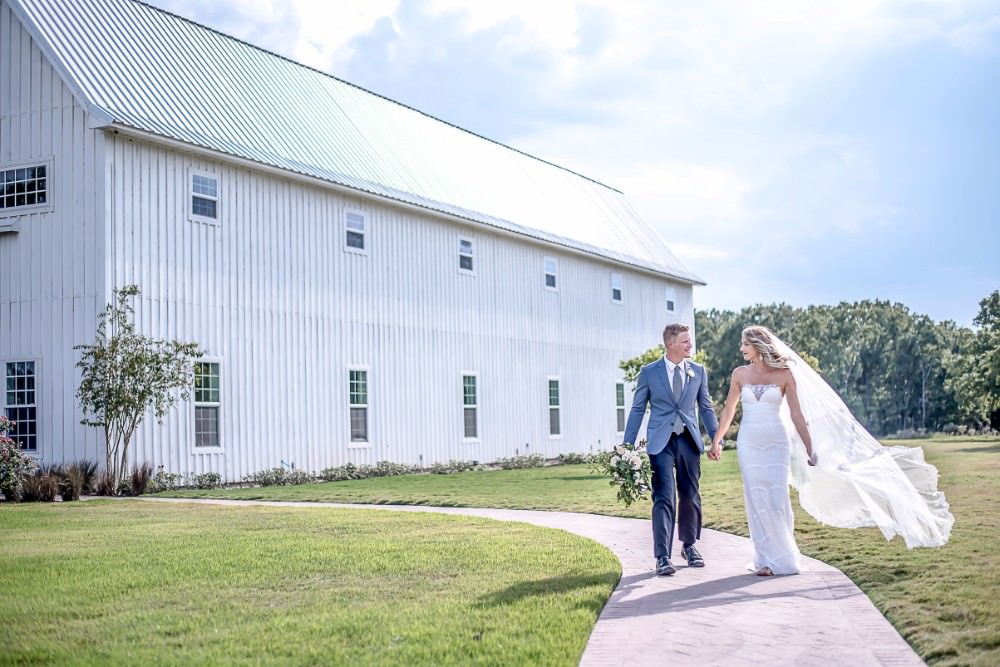 Bride Bridal Dress Gown Fit & Flare Fishtail Strapless Embroidered Veil Mismatched Blue Groom Greenery Bouquet White Sparrow Barn Wedding White Blue Ideas Si Creative Photography