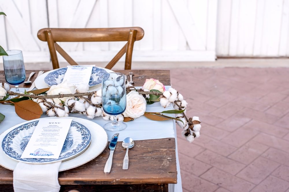 Table Blue Pottery Crockery Cotton Runner Glassware White Sparrow Barn Wedding White Blue Ideas Si Creative Photography