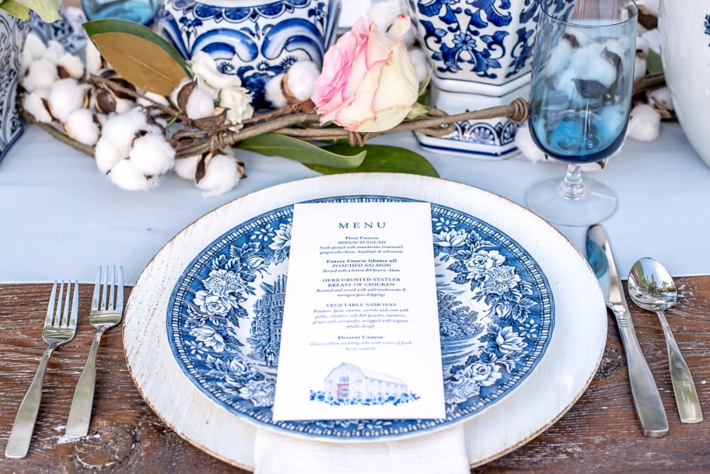 Blue Crockery Menu Table Setting Cotton White Sparrow Barn Wedding White Blue Ideas Si Creative Photography