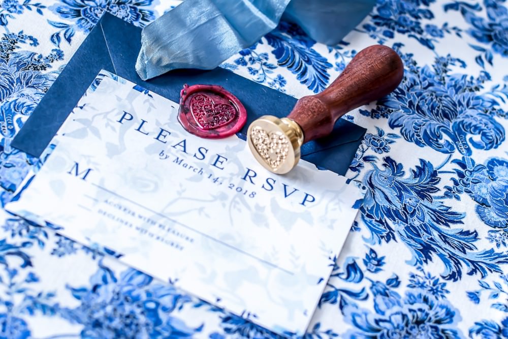 Stationery Invitation Wax Seal RSVP Blue White Sparrow Barn Wedding White Blue Ideas Si Creative Photography