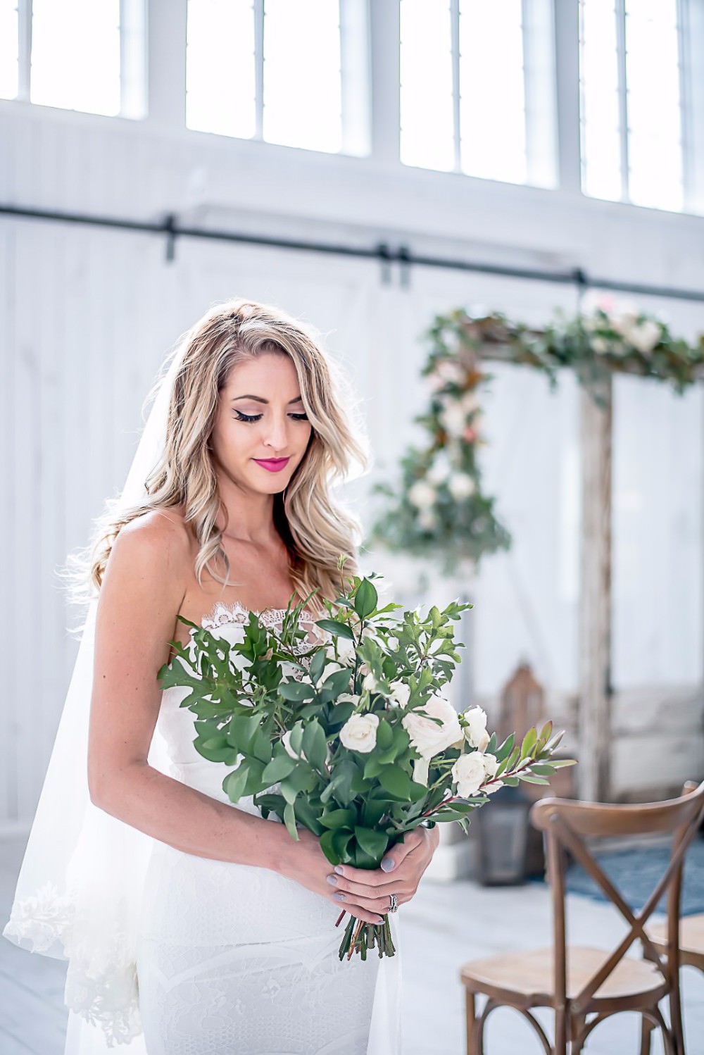Bride Bridal Dress Gown Fit & Flare Fishtail Strapless Embroidered Veil White Sparrow Barn Wedding White Blue Ideas Si Creative Photography