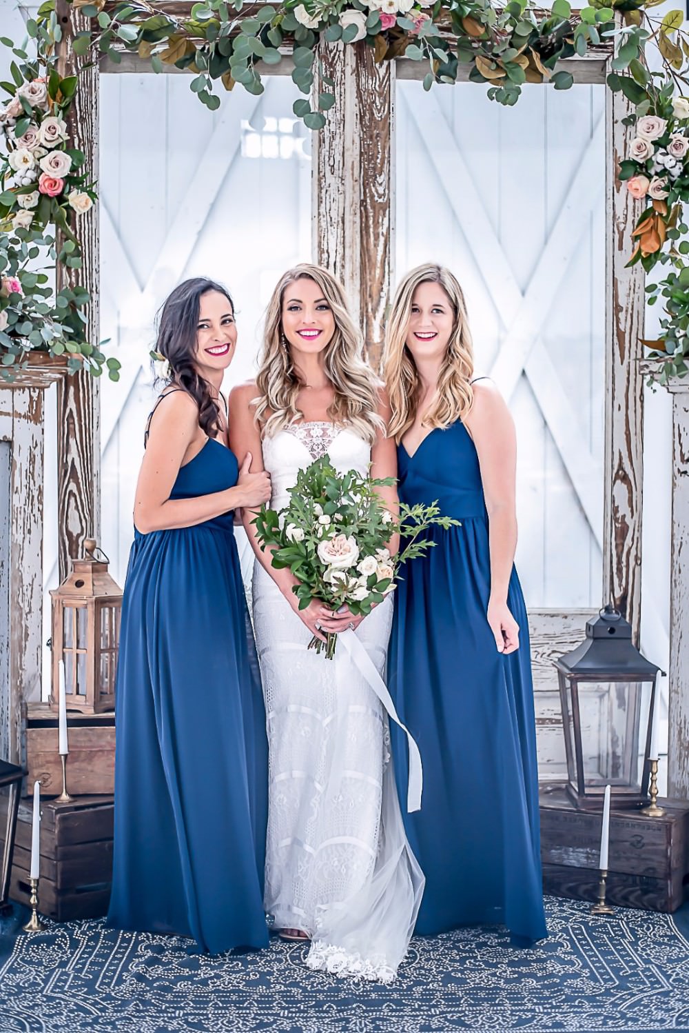 Bride Bridal Dress Gown Fit & Flare Fishtail Strapless Embroidered Veil Mismatched Blue Bridesmaids Maxi Full Length White Sparrow Barn Wedding White Blue Ideas Si Creative Photography