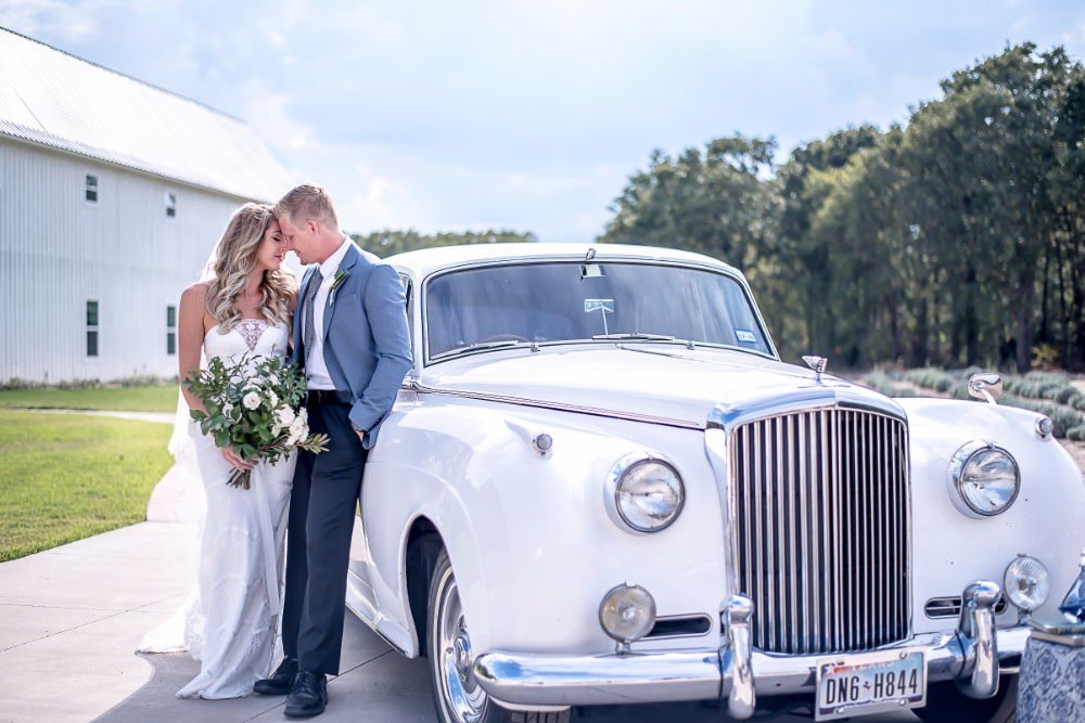 Bride Bridal Dress Gown Fit & Flare Fishtail Strapless Embroidered Veil Mismatched Blue Groom Greenery Bouquet Vintage Car Classic White Sparrow Barn Wedding White Blue Ideas Si Creative Photography