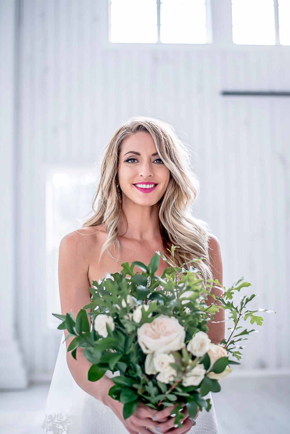 Bride Bridal Dress Gown Fit & Flare Fishtail Strapless Embroidered Veil Greenery Foliage Bouquet White Sparrow Barn Wedding White Blue Ideas Si Creative Photography