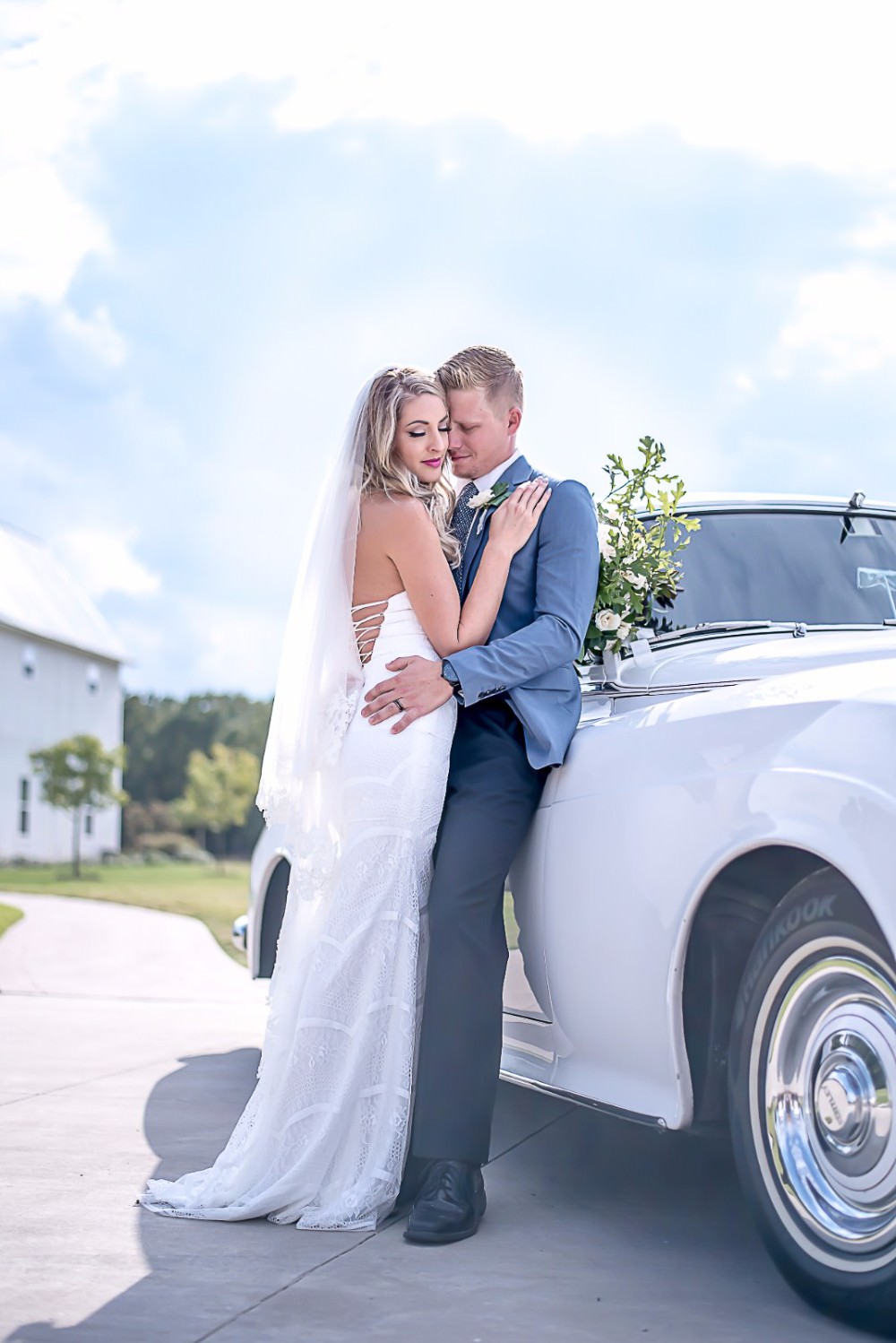 Bride Bridal Dress Gown Fit & Flare Fishtail Strapless Embroidered Veil Mismatched Blue Groom Lace Back White Sparrow Barn Wedding White Blue Ideas Si Creative Photography
