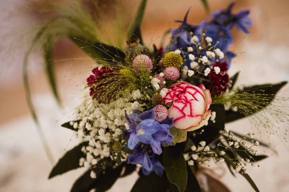Table Centre Gypsophila Peony Jam Jars Wilkswood Farm Wedding Robin Goodlad Photography
