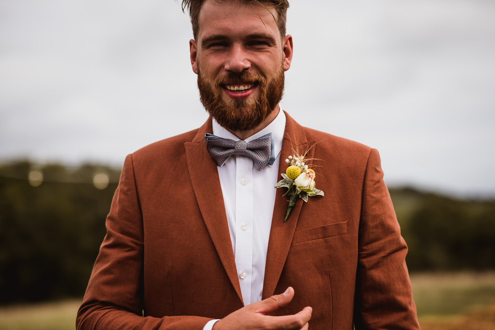Tan Suit Bow Tie Groom Wilkswood Farm Wedding Robin Goodlad Photography