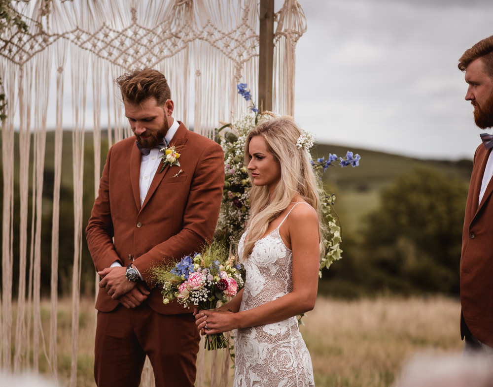 Bride Bridal Grace Loves Lace Rosa Sleeveless Dress Gown Boho Tan Suit Bow Tie Groom Bouquet Wilkswood Farm Wedding Robin Goodlad Photography