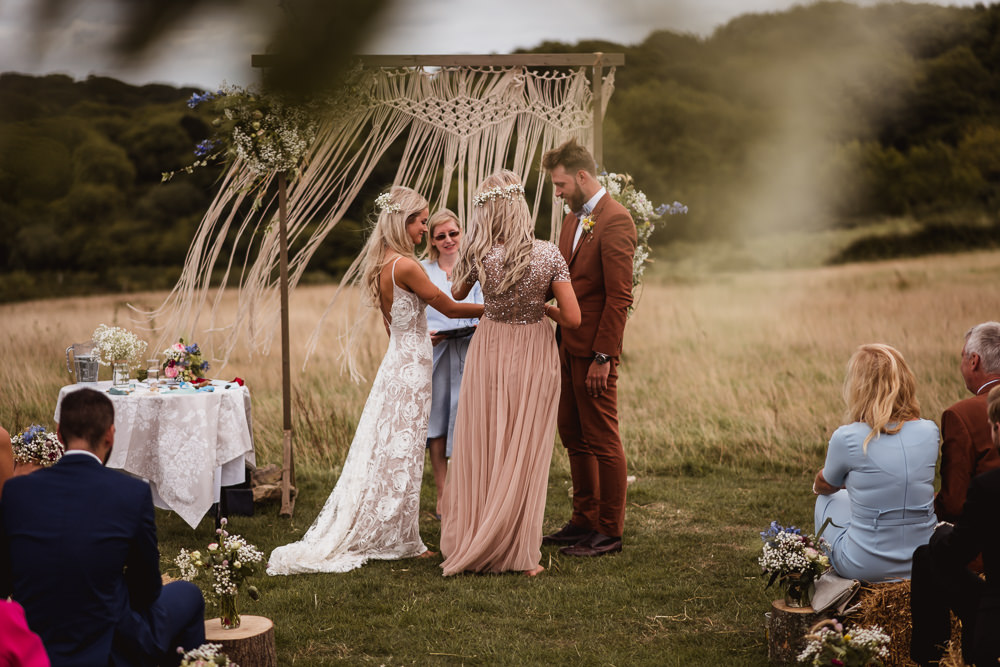 Bride Bridal Grace Loves Lace Rosa Sleeveless Dress Gown Boho Tan Suit Bow Tie Groom Pink Bridesmaid Wilkswood Farm Wedding Robin Goodlad Photography