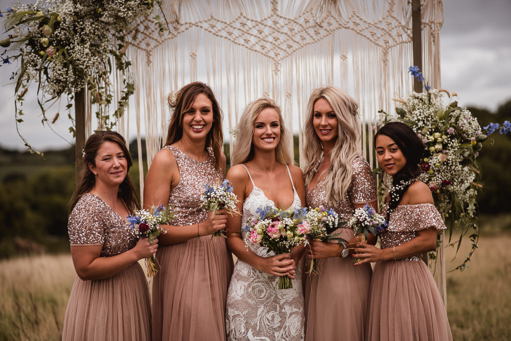 Bride Bridal Grace Loves Lace Rosa Sleeveless Dress Gown Boho Pink Blush Sequin Bridesmaids Macrame Backdrop Wilkswood Farm Wedding Robin Goodlad Photography