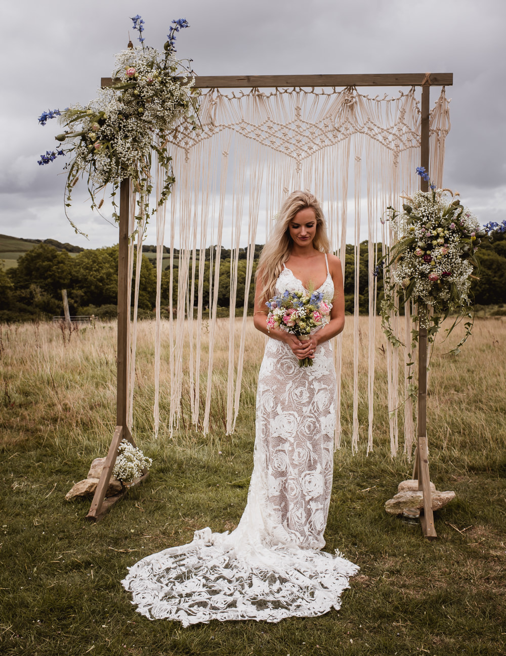 Bride Bridal Grace Loves Lace Rosa Sleeveless Dress Gown Boho Macrame Floral Flowers Gypsophila Ceremony Backdrop Wilkswood Farm Wedding Robin Goodlad Photography