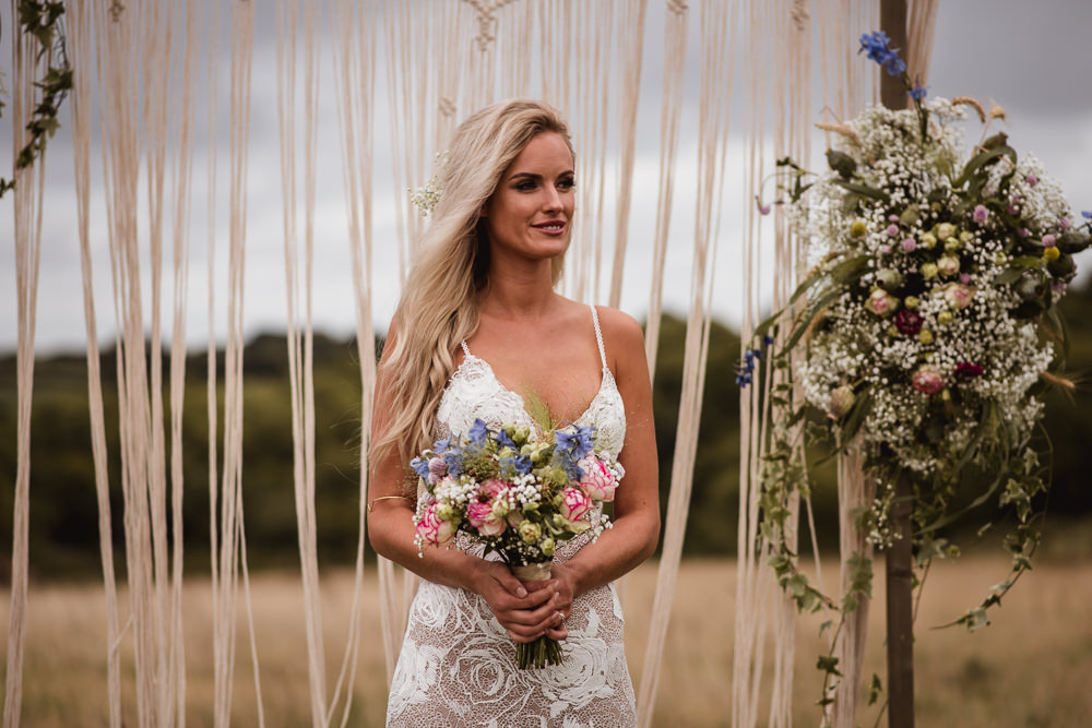 Bride Bridal Grace Loves Lace Rosa Sleeveless Dress Gown Boho Macrame Floral Flowers Gypsophila Ceremony Backdrop Wilkswood Farm Wedding Robin Goodlad Photography