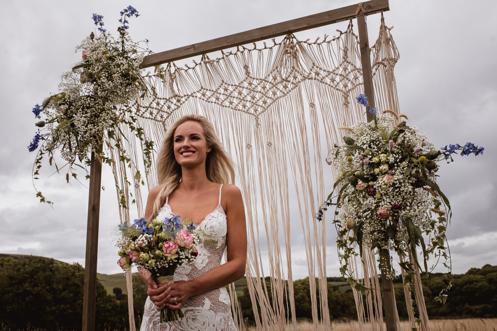 Bride Bridal Grace Loves Lace Rosa Sleeveless Dress Gown Boho Macrame Floral Flowers Gypsophila Ceremony Backdrop Wilkswood Farm Wedding Robin Goodlad Photography