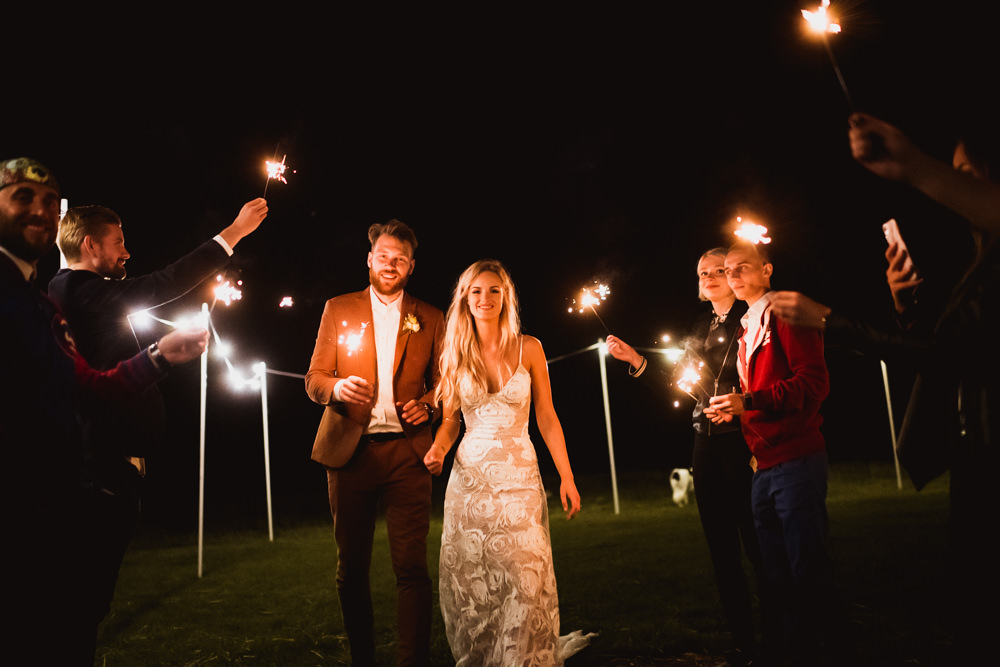 Bride Bridal Grace Loves Lace Rosa Sleeveless Dress Gown Boho Tan Suit Groom Sparklers Wilkswood Farm Wedding Robin Goodlad Photography