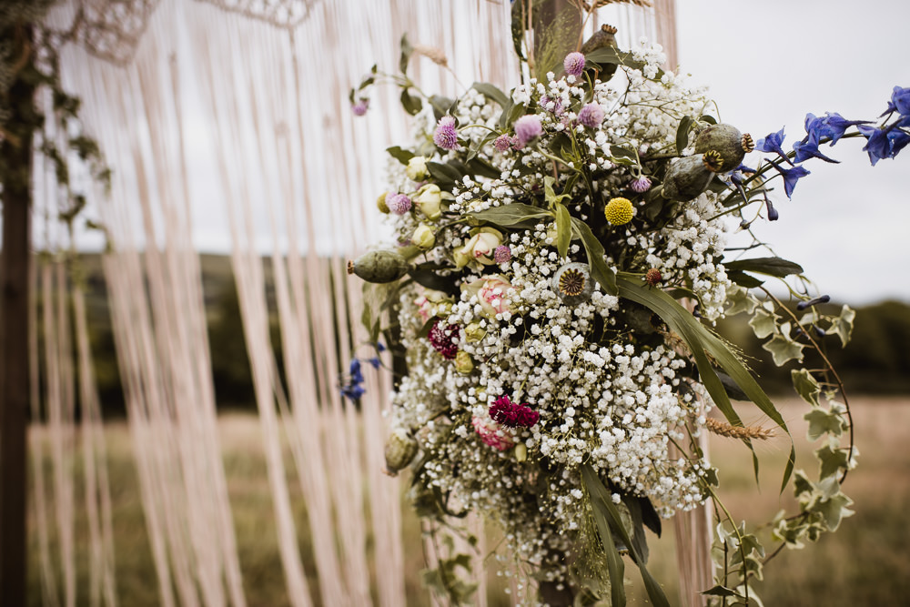 Macrame Ceremony Backdrop Flowers Floral Gypsophila Wilkswood Farm Wedding Robin Goodlad Photography