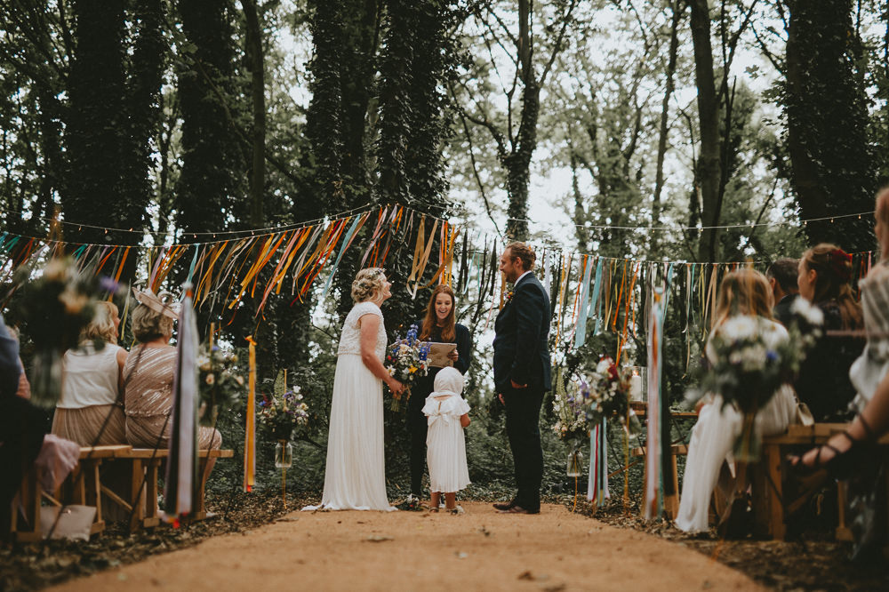 Hanging Ribbon Garland Decor Outdoor Woodland Ceremony Applewood Wedding Flawless Photography