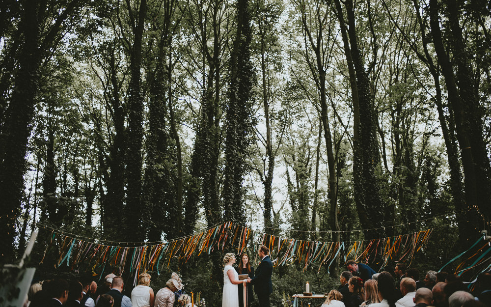 Hanging Ribbon Garland Decor Outdoor Woodland Ceremony Applewood Wedding Flawless Photography