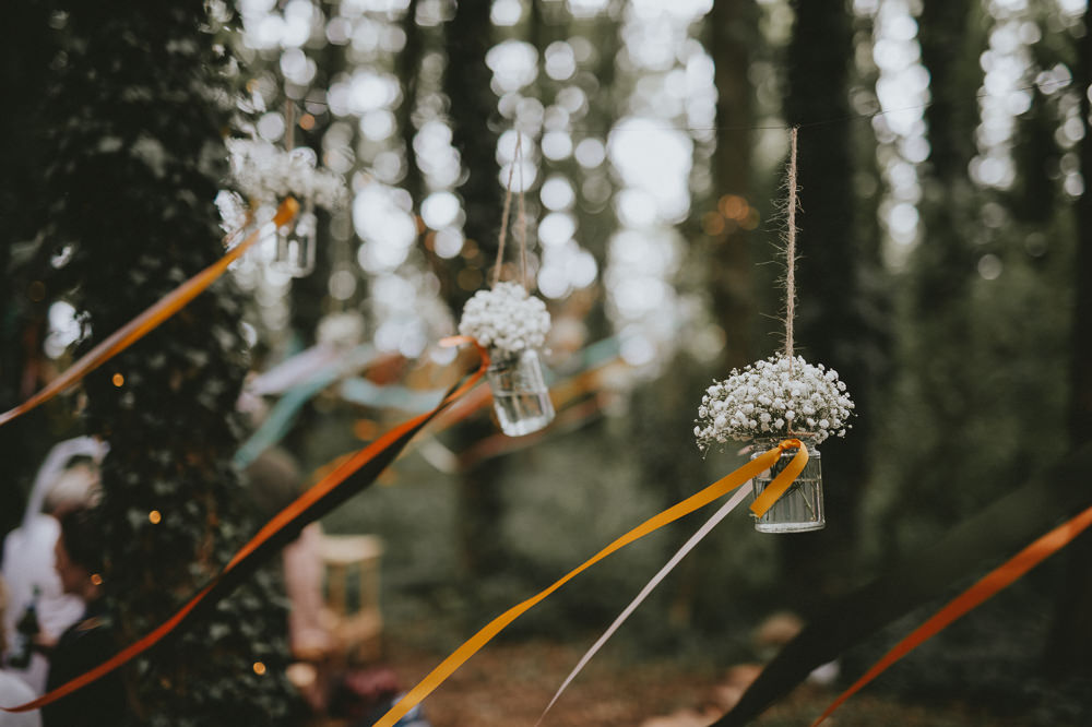 Hanging Jar Flowers Ribbons Trees Woodland Aisle Ceremony Applewood Wedding Flawless Photography