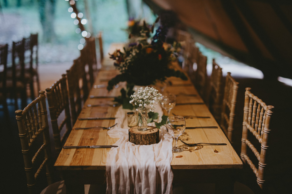 Long Rustic Wooden Tables Flowers Decor Log Slice Runner Applewood Wedding Flawless Photography