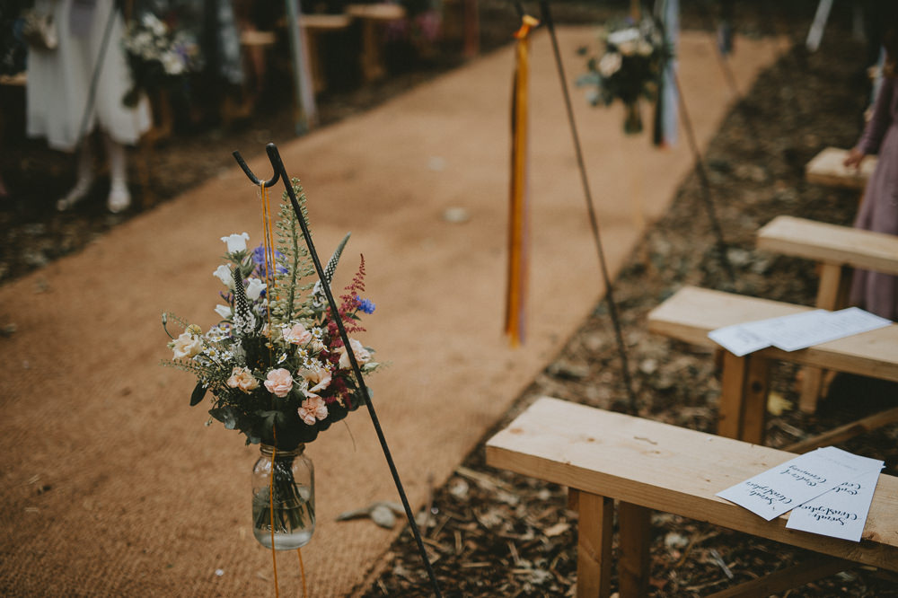 Hanging Jar Flowers Ribbons Trees Woodland Aisle Ceremony Hooks Applewood Wedding Flawless Photography