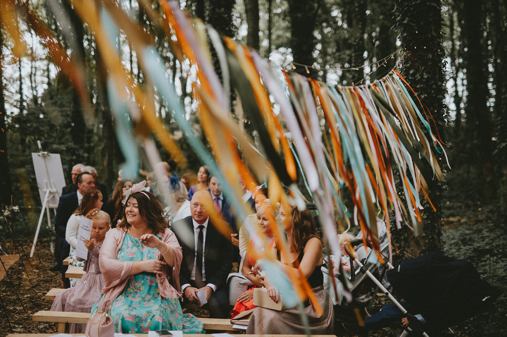 Hanging Ribbon Garland Decor Outdoor Woodland Ceremony Applewood Wedding Flawless Photography