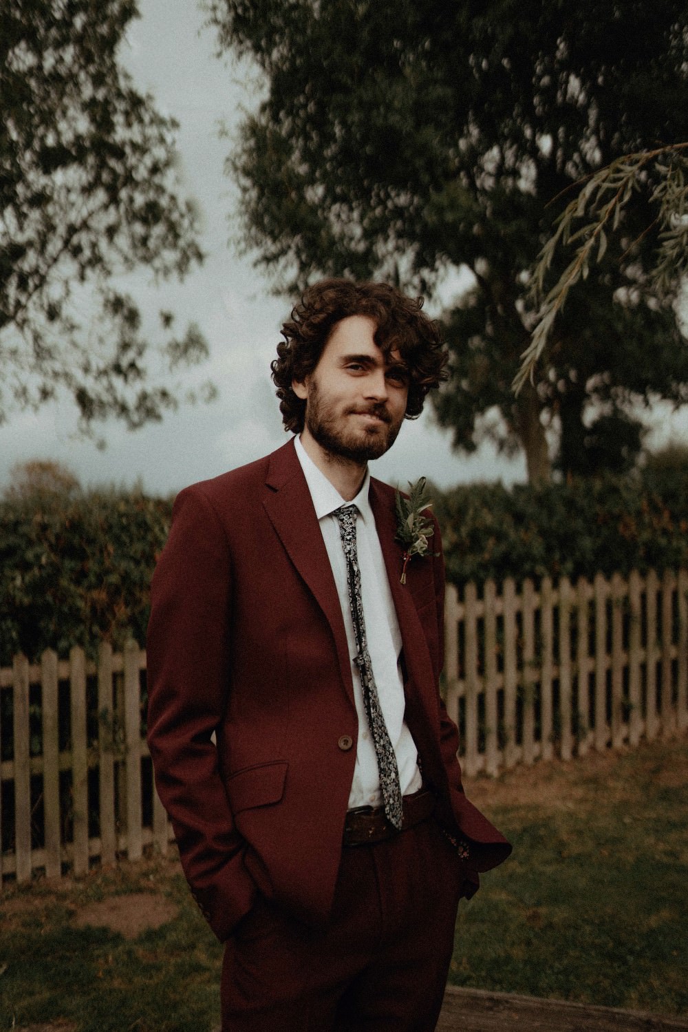 Groom Burgundy Suit Floral Tie Autumn Dark Red Wedding Belle Art Photography