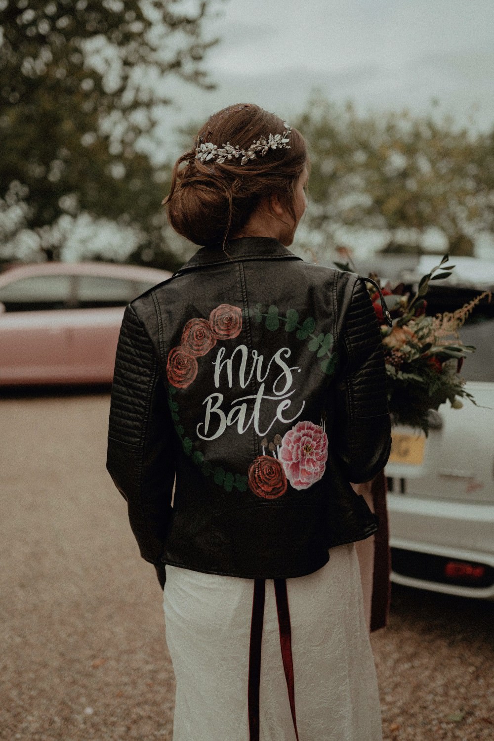 Bride Bridal Leather Jacket Painted Lettering Floral Autumn Dark Red Wedding Belle Art Photography