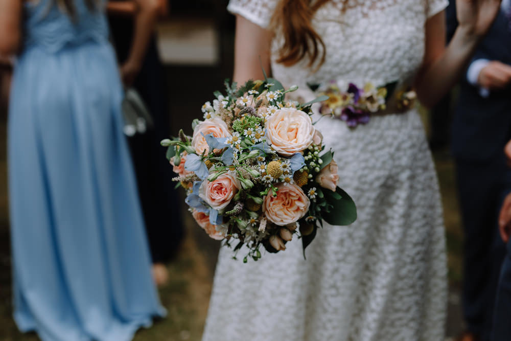 Bouquet Flowers Bride Bridal Pink Blue Rose Daisy Boho Festival Wedding Matt Bowen Photography
