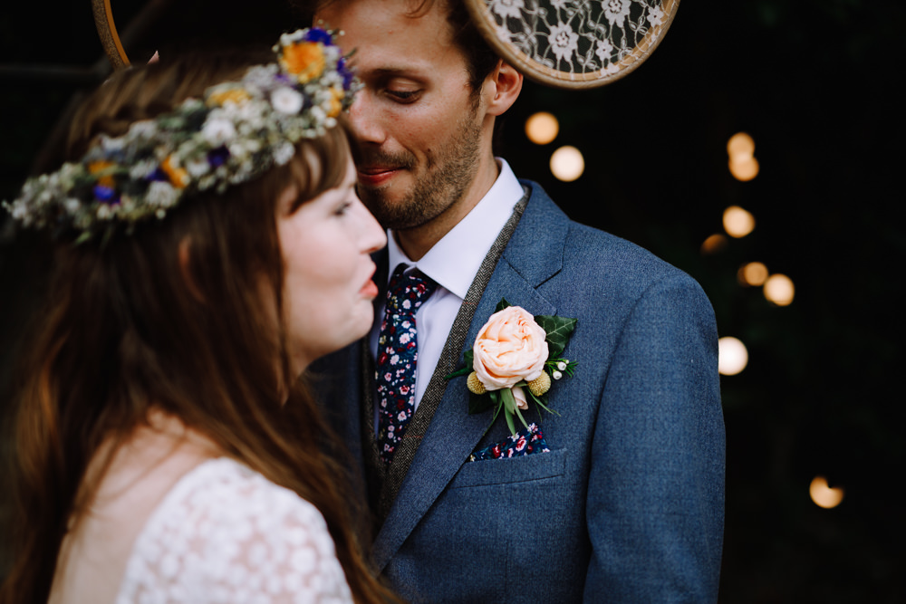 Groom Navy Suit Grey Waistcoat Floral Tie Rose Buttonhole Boho Festival Wedding Matt Bowen Photography