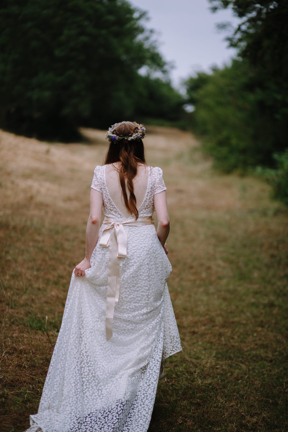 Bride Bridal Dress Gown E & W Couture Lace Sleeves Train Floral Belt Boho Festival Wedding Matt Bowen Photography
