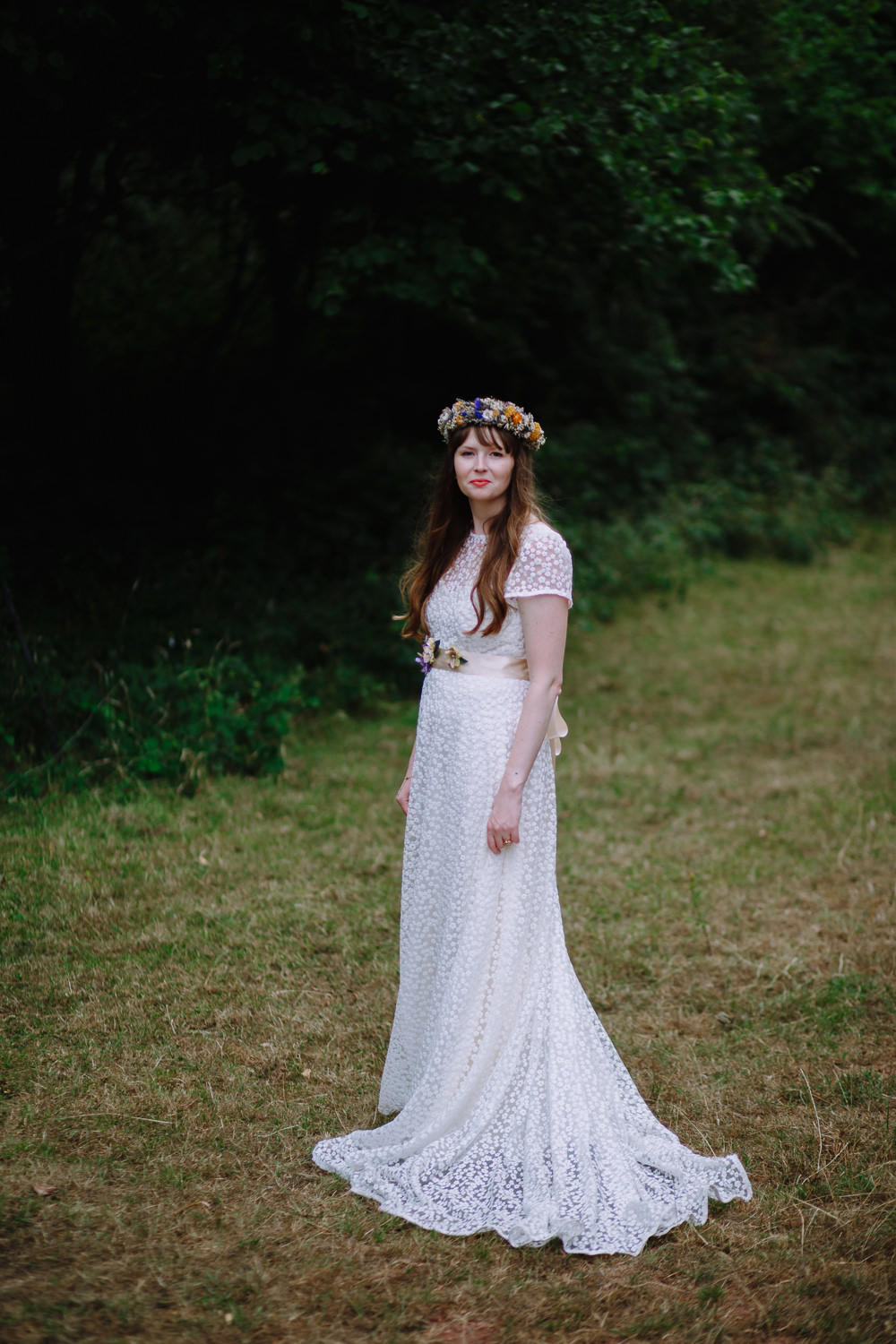 Bride Bridal Dress Gown E & W Couture Lace Sleeves Train Floral Belt Boho Festival Wedding Matt Bowen Photography