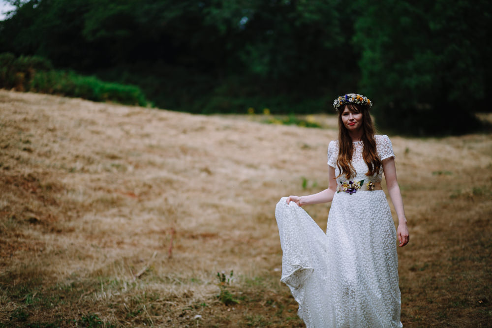 Bride Bridal Dress Gown E & W Couture Lace Sleeves Train Floral Belt Boho Festival Wedding Matt Bowen Photography